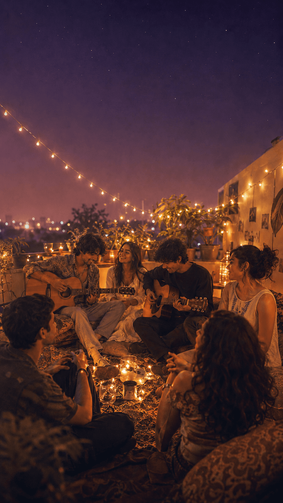 Friends on a rooftop at night, playing guitar around candlelight